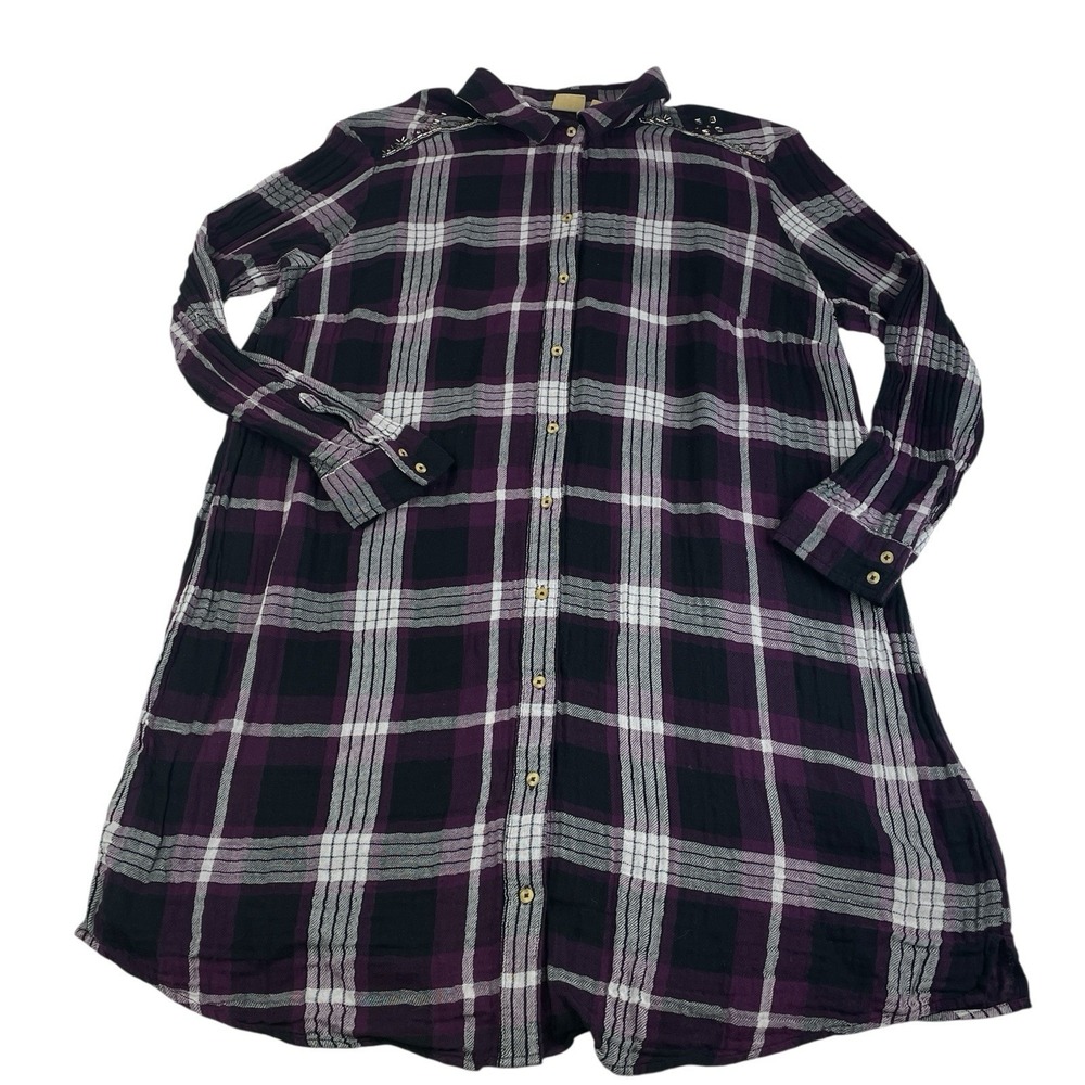 True Craft‎ 2X Purple Plaid Tunic Shirt/Long Button Up Oversize Cotton Beaded
